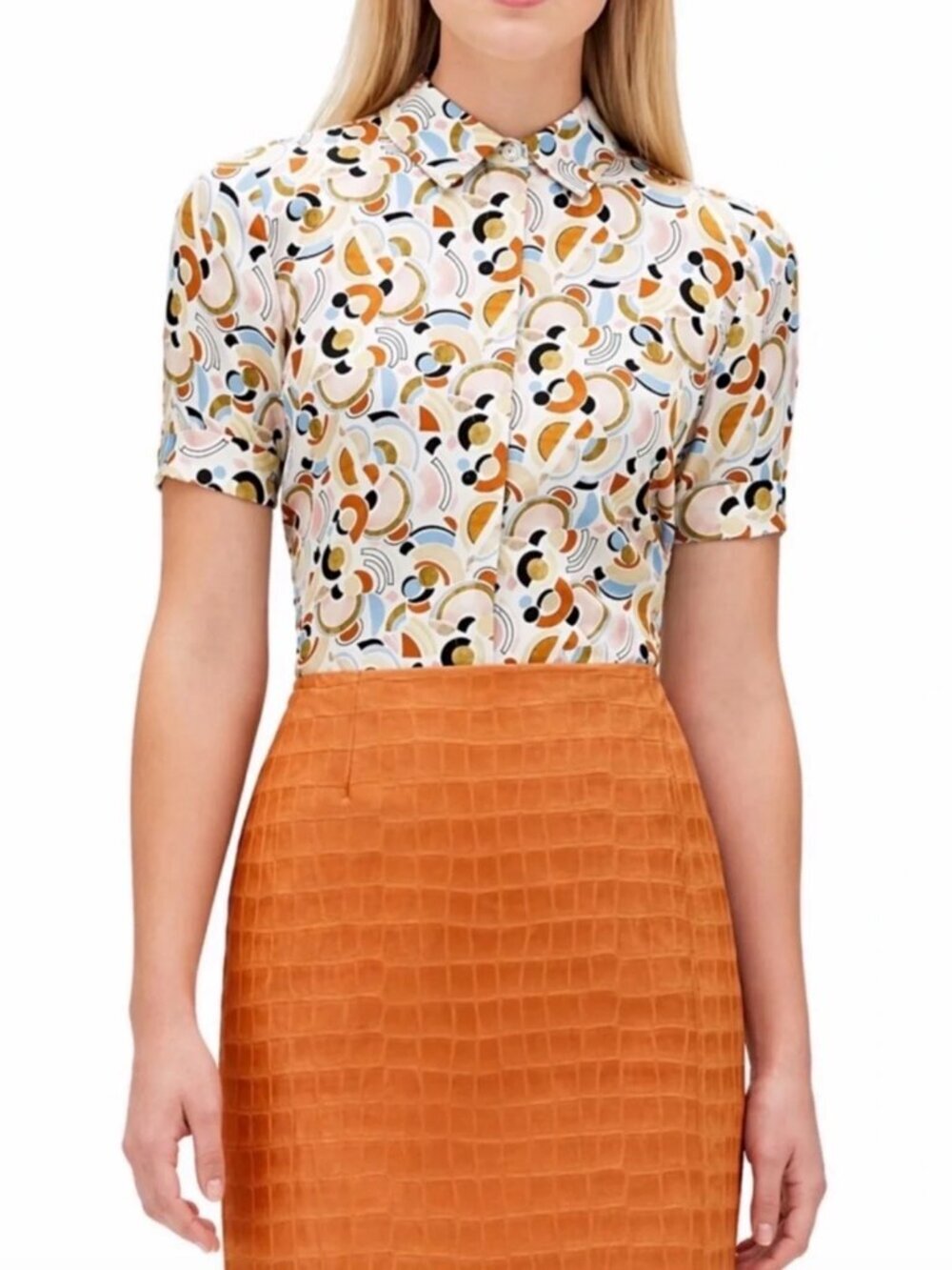 Lafayette 148 Scottie Short-Sleeve Printed Silk Blouse in Lyrical Curves